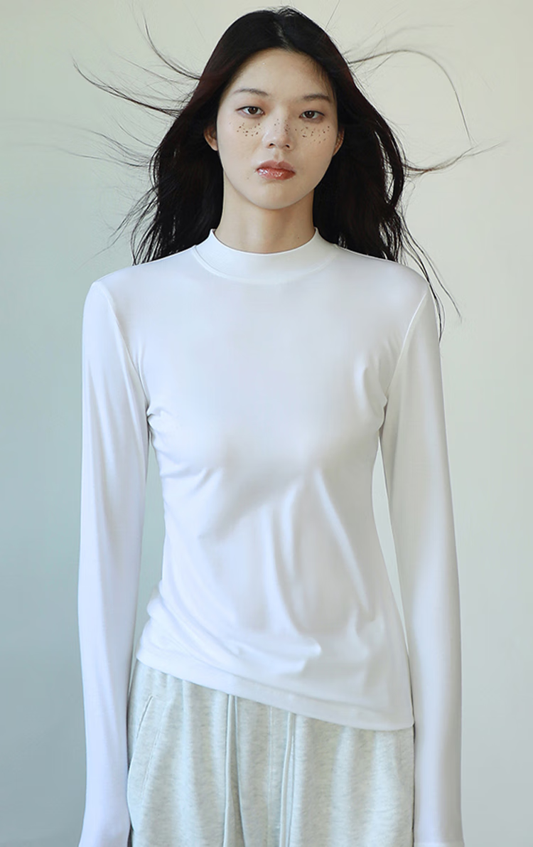 La Chapelle Spliced Semi-Turtleneck Long-Sleeve Top, Spring And Autumn Stylish Slim-Fit Versatile Women's T-Shirt, Inner Layer Base Shirt, White, S 4