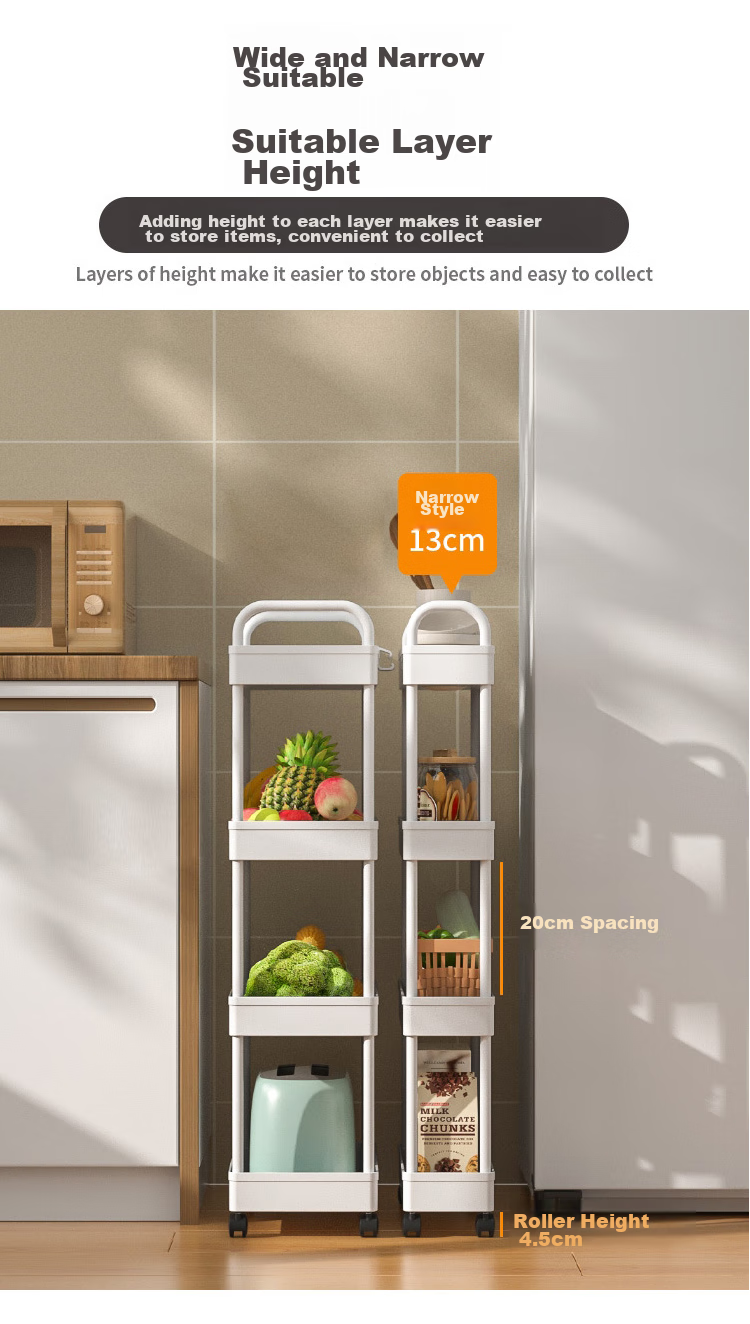 Ourunzhe Narrow Storage Rack, Kitchen Organizer Shelf, Slim Gap Trolley, Living Room And Bathroom Crevice Storage Shelf, Four-Tier with Handle 11