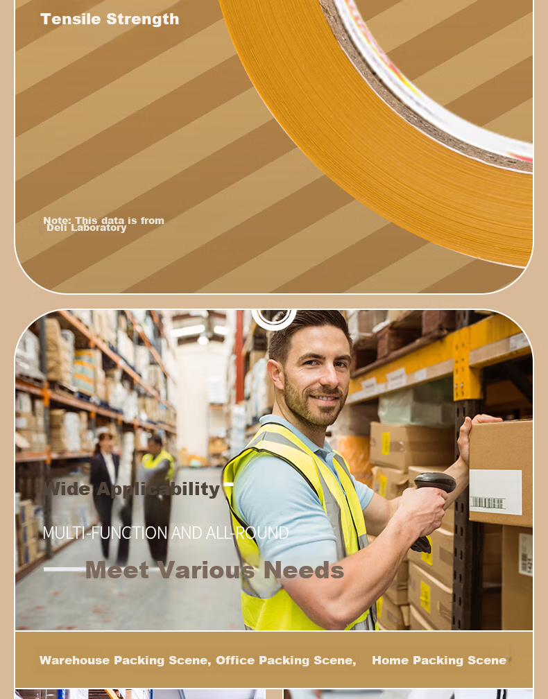 Deli High-Quality Beige Packing Tape, Wide Adhesive Tape, 48mm*100y*50μm (91.4m/roll), 6 Rolls Per Pack, Office Supplies, 30239 9