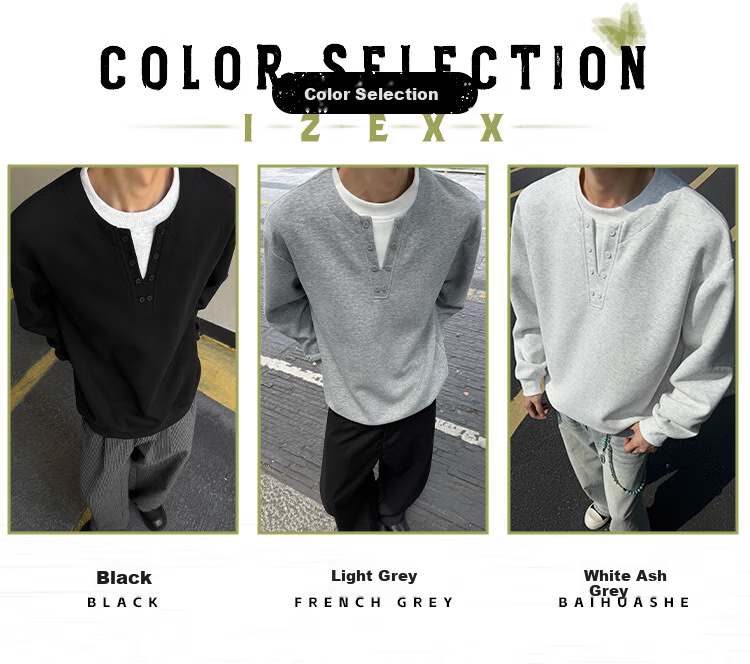 IZEXX Faux Two-Piece Henley Crewneck Sweatshirt for Men, Autumn Season, Simple Versatile Loose Base Layer Top JW19 Black 2XL 3