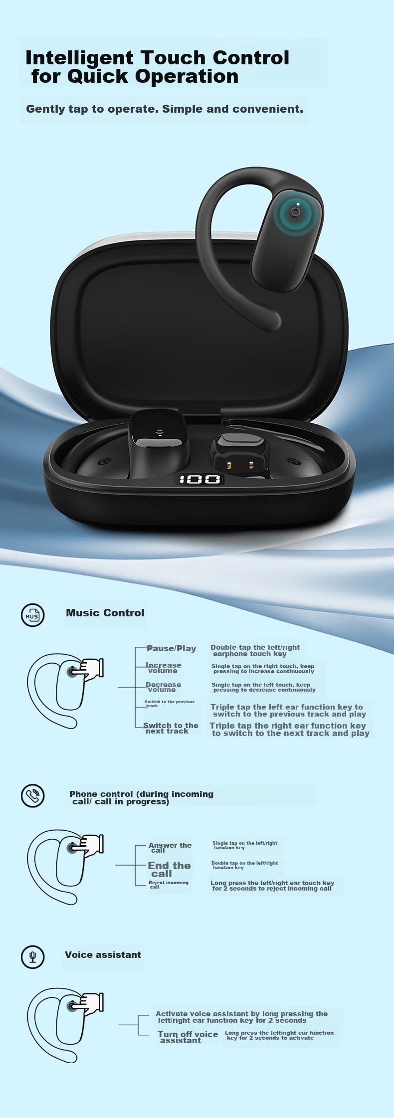 Newmine Q3 Open-Ear Bluetooth Headphones, Bone Conduction Concept, True Wireless, Ear-Hook Style, Not In-Ear, Sports Running, Long Battery Life, Noise Reduction, Clip-On Earphones, Compatible with Xiaomi, Apple, Huawei 14