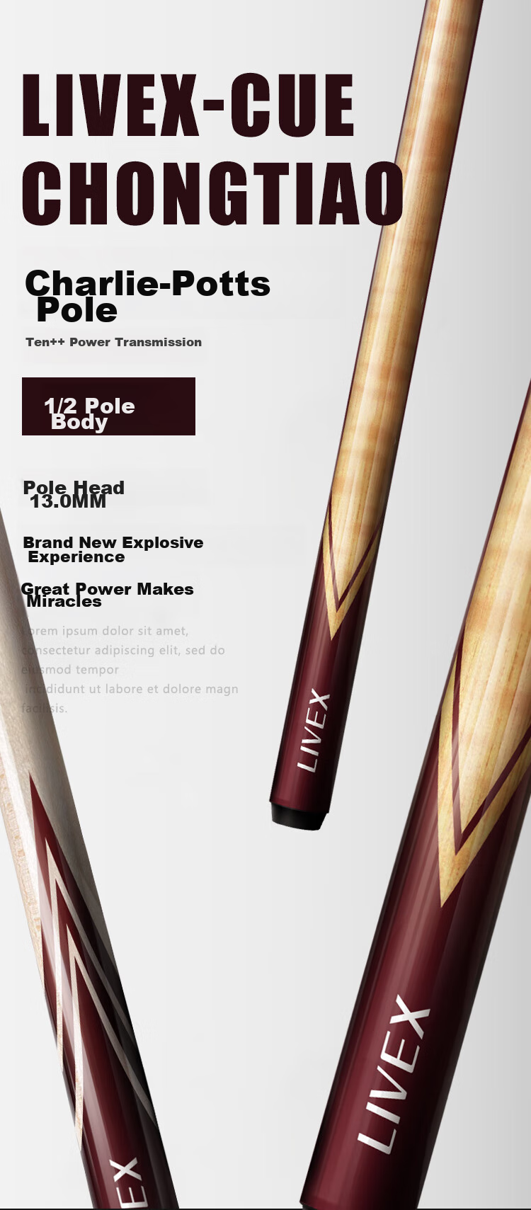 LIVEX Charlie Pool Cue, Large Tip Cue, Chinese 8-Ball Two-Piece Billiard Cue, American 16-Ball Pool Cue, with Cue Tube 1