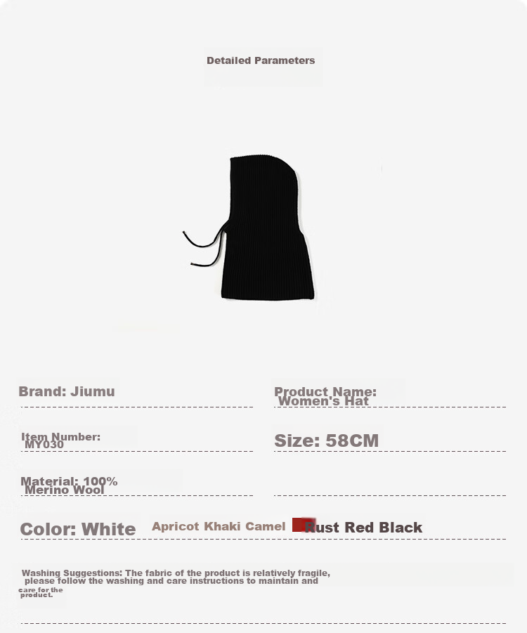JIUMU Pure Wool Warm Knit Hat for Women, Autumn And Winter Balaklava Knitted Cap, Cold-Proof Hood with Integrated Neck Warmer 8