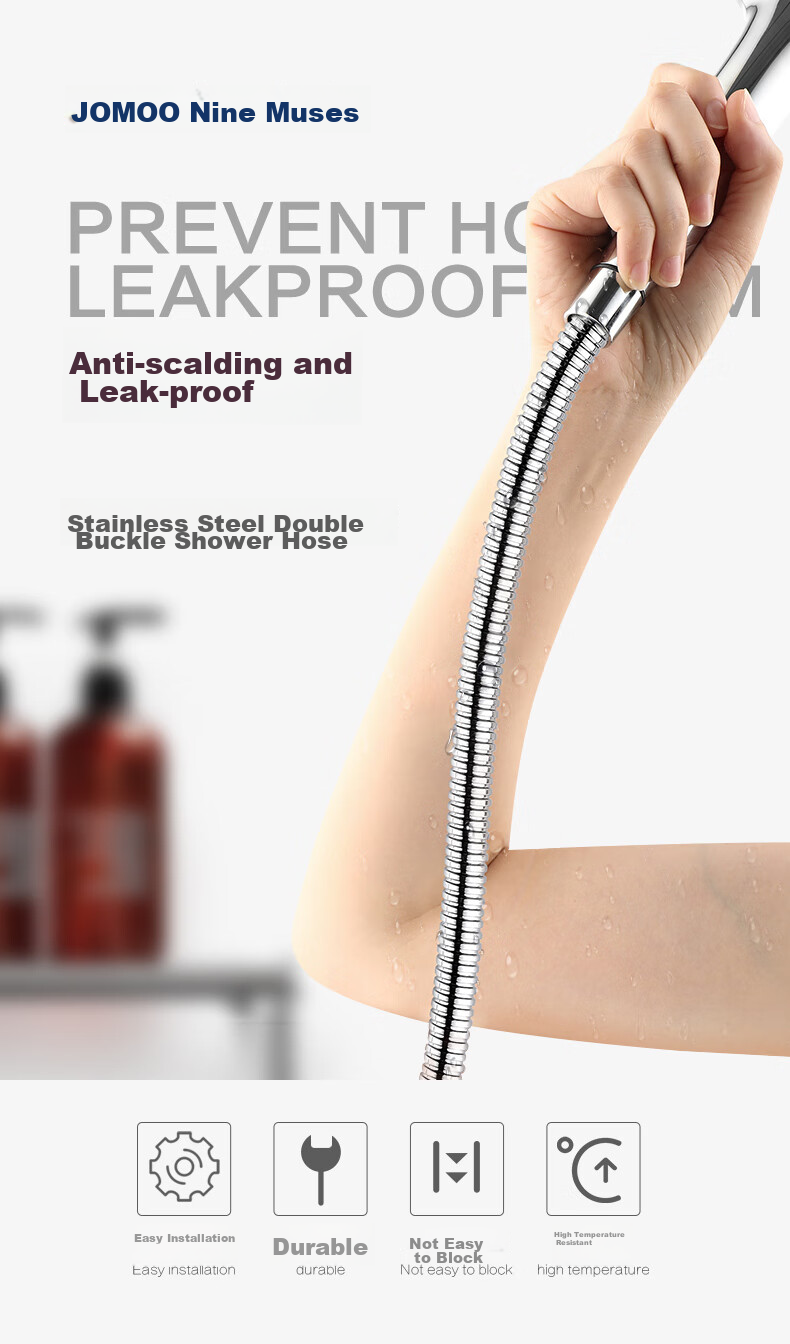 JOMOO Stainless Steel Braided Hose, Shower Hose with Double Clamps, High Temperature Resistant Shower Head Hose, 2 Meters, H2101 3
