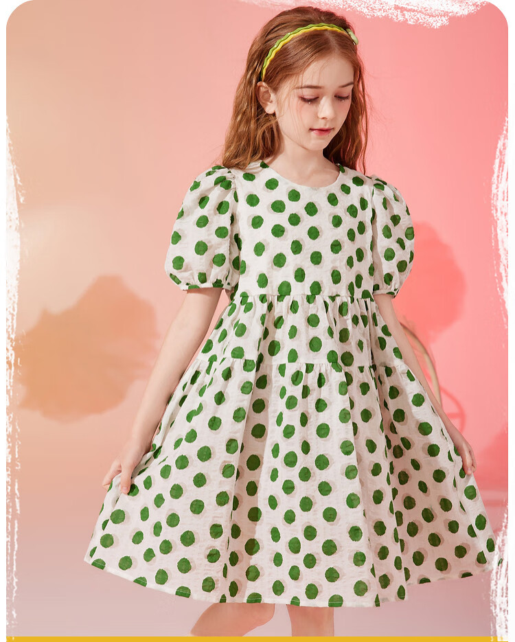 ASK JUNIOR Girls' Dress, Summer 2024 Thin Style, for Older Children, Fashionable Polka Dot Print, Pure Cotton Princess Dress, Green, Size 160 2