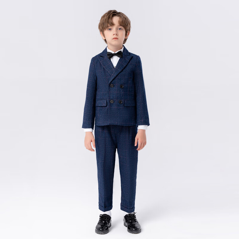LUOBOBEIBEI Children's Suit Plaid Boys Formal Suit Set for Piano Performance, Host, And New Year's Greetings, Navy Blue Four-Piece Set, Size 130