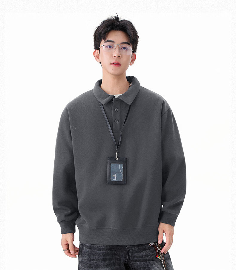Dingfengbaoluo Heavyweight Polo Collar Sweatshirt Men Autumn Winter Trendy Casual Loose Simple Solid Color Top DQZ10 Black XL 15