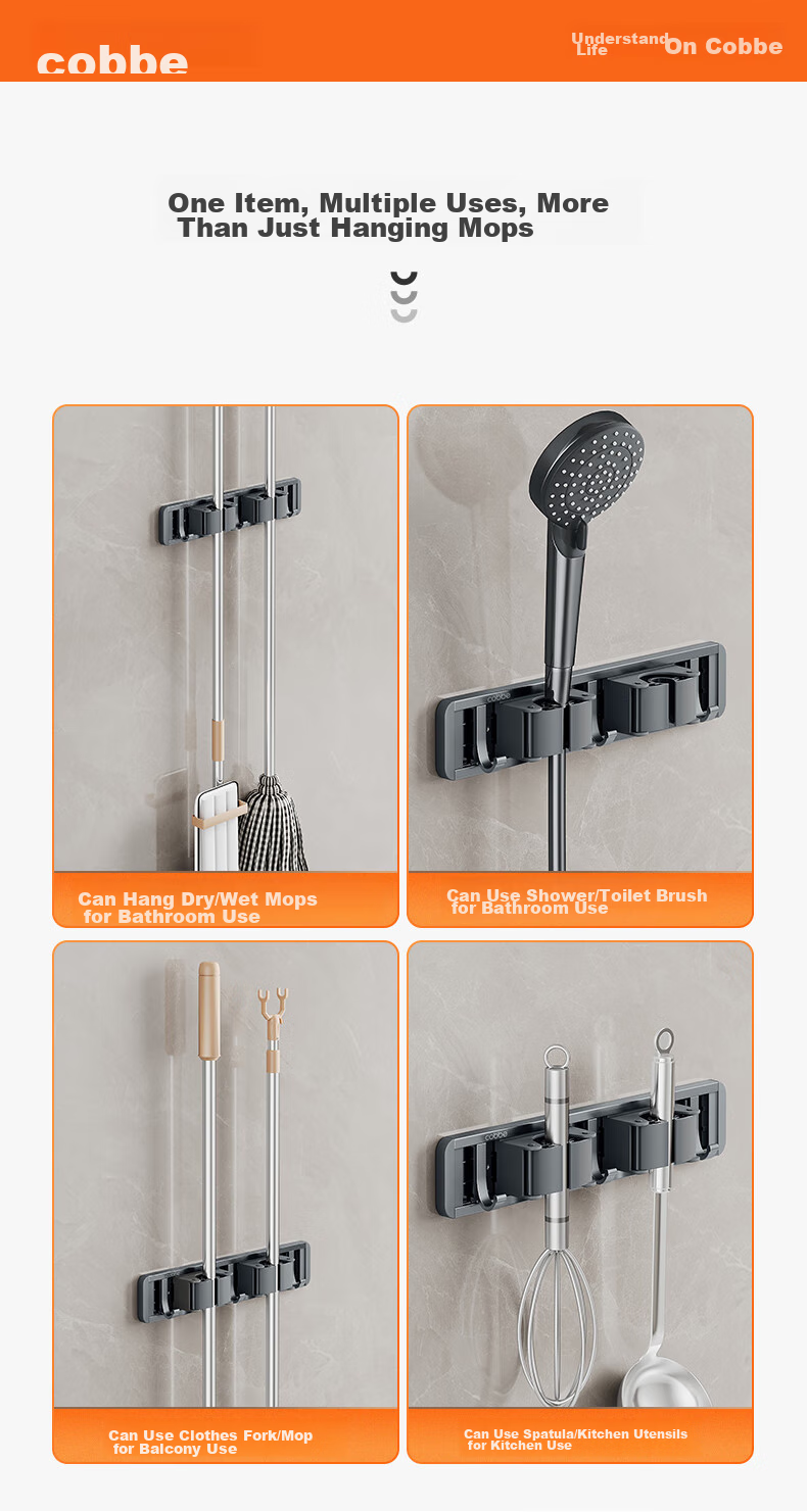 Cobbe Space Aluminum Mop Wall Hook, No Drilling Required, Broom And Cloth Holder, Bathroom Storage Organizer 10