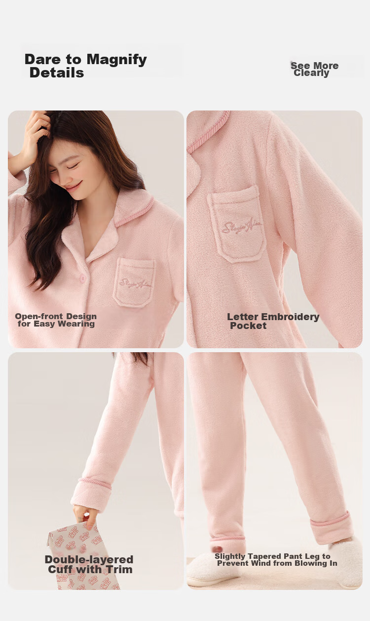 Dushiliren Women's Winter Pajamas, Fleece-Lined Thick Coral Fleece Cardigan Set with Pockets, Autumn And Winter Loungewear 13