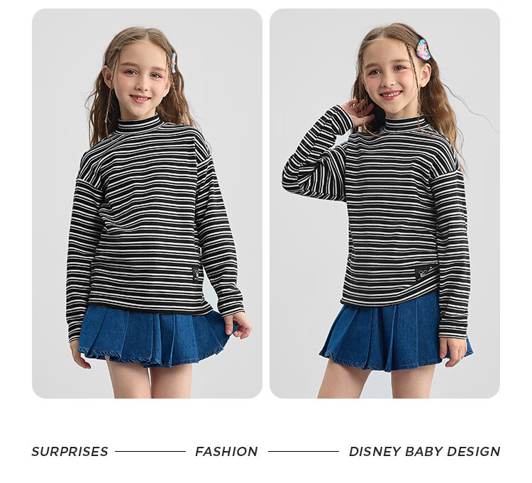 DISNEY Children's Clothing, Boys And Girls Half-Turtleneck Striped Long-Sleeve Top Undershirt, Spring 2025 DB442DE04 Black 120 22