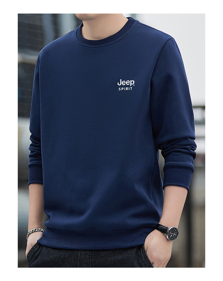 JEEP SPIRIT Men's Sweatshirt, Spring Top, Printed Undershirt, Loose Long-Sleeve T-Shirt, Navy Blue, 4XL 14