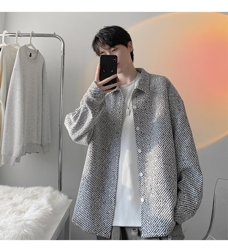 Dingfengbaoluo American Style Fishbone Pattern Jacket Men Autumn Lapel Loose Textured Casual Long Sleeve Shirt XJM65 Black M 30