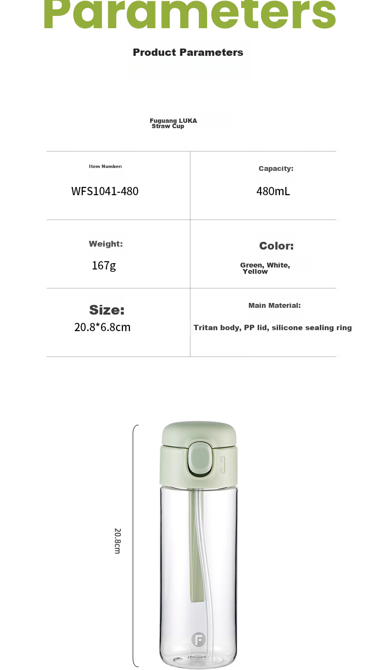 Fuguang Tritan Plastic Water Bottle with Straw for Men, Women, Adults, Convenient Sports And Children's Student Water Cup 480ml 12