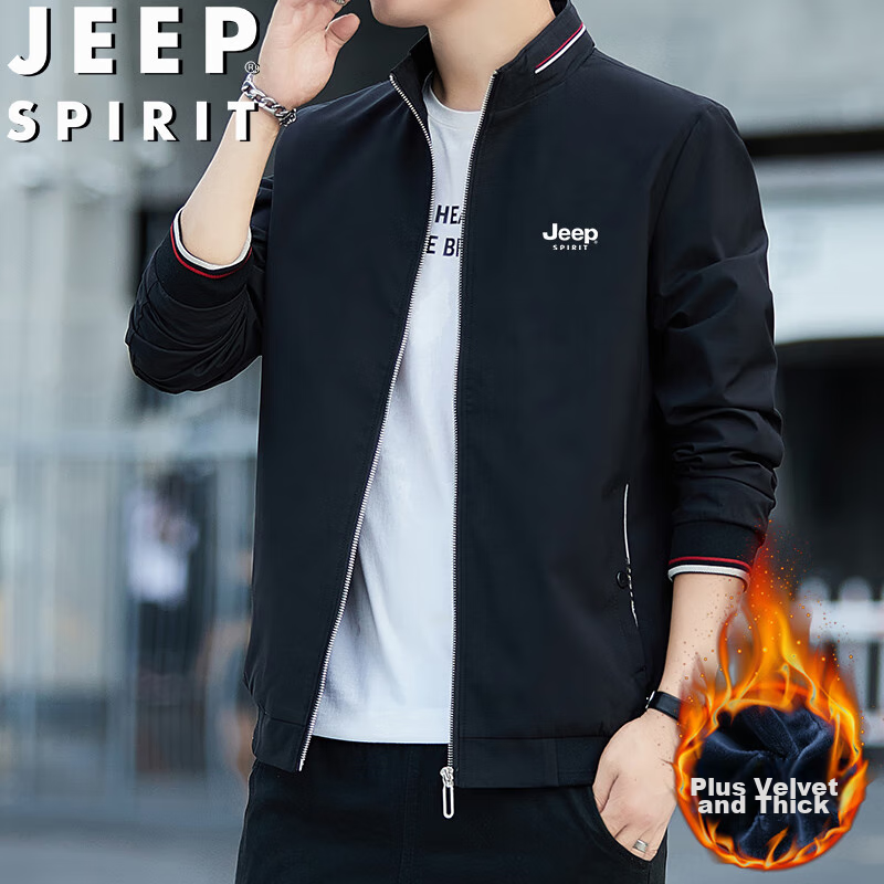 JEEP SPIRIT Men's Jacket, Autumn And Winter Coat, Stand-Up Collar, Business Style, Fleece-Lined, Thickened, Casual Versatile Outerwear, Black with Fleece Lining, XL Size