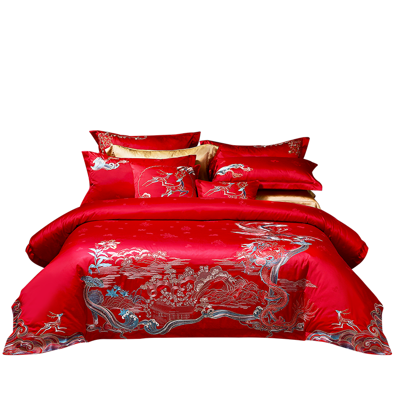 Fuanna Dragon and Phoenix Embroidered Wedding 8-Piece Set with Hundred Sons Jacquard Red Chinese Wedding Bedding for 1.5m Bed