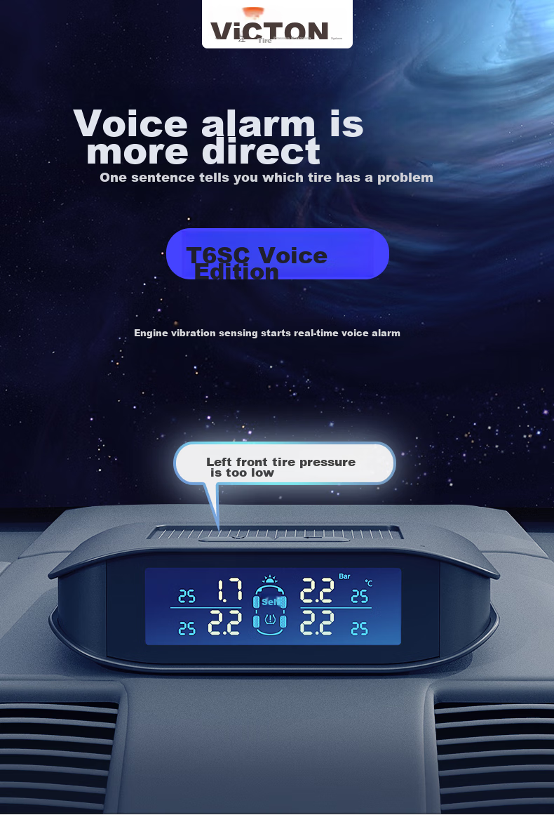 Victon Tire Pressure Monitoring System, Built-In Solar-Powered Wireless, Tire Pressure And Temperature Display, T6SC Voice Versio 3