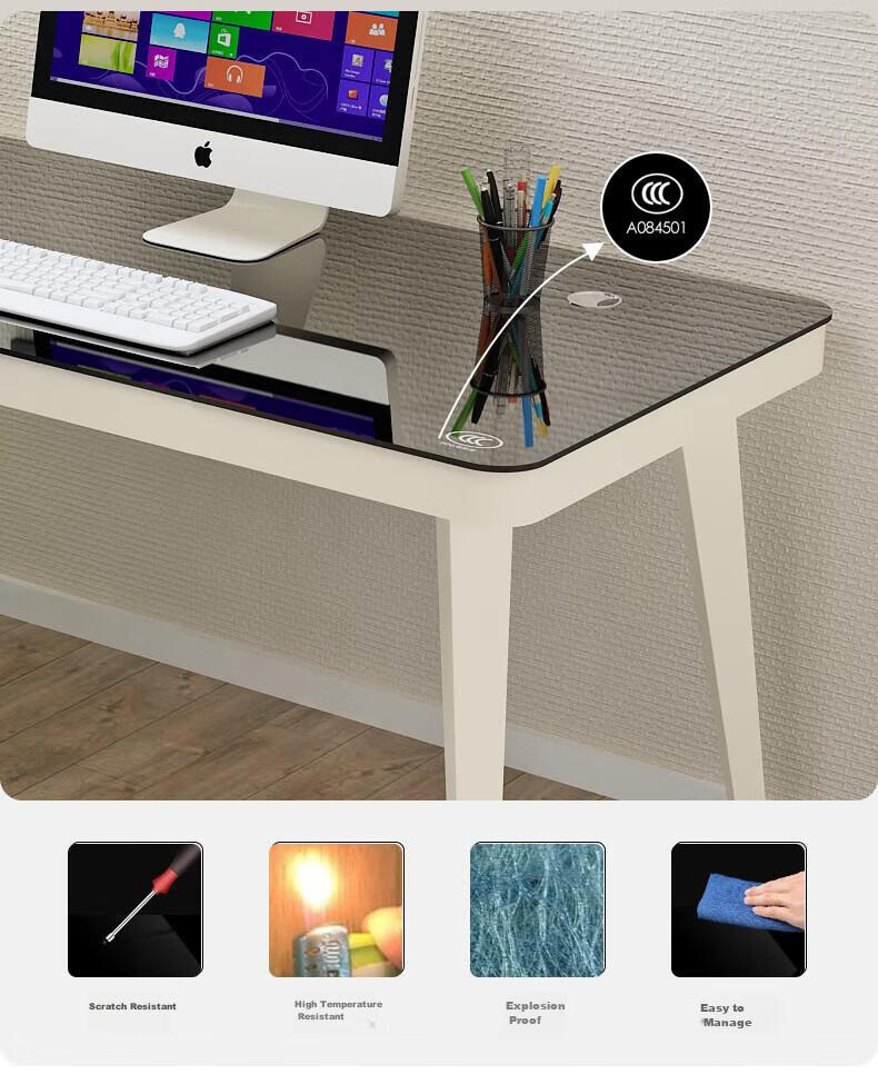 Fanshe Tempered Glass Computer Desk, Glass Desktop Workstation, Thickened Nordic Minimalist Office Desk 5