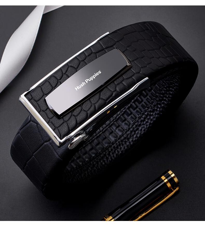 Hush Puppies Men's Leather Belt with Automatic Buckle, Business Steel Buckle Waistband, Birthday Gift for Boyfriend, Practical Gift Box Set 1
