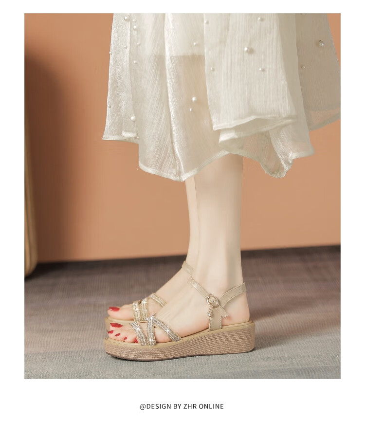 ZHR Women's Shoes, Summer Wedge Versatile Sandals, Fashionable Rhinestone Platform Slimming Beach Shoes for Women, AY161, Apricot Color, Size 35 14