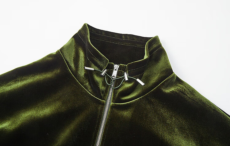 Demana Modern Luxury Spring Autumn Glossy Elegant Velvet Stand Collar Lantern Sleeve Adjustable Drawstring Hem Jacket for Women 3