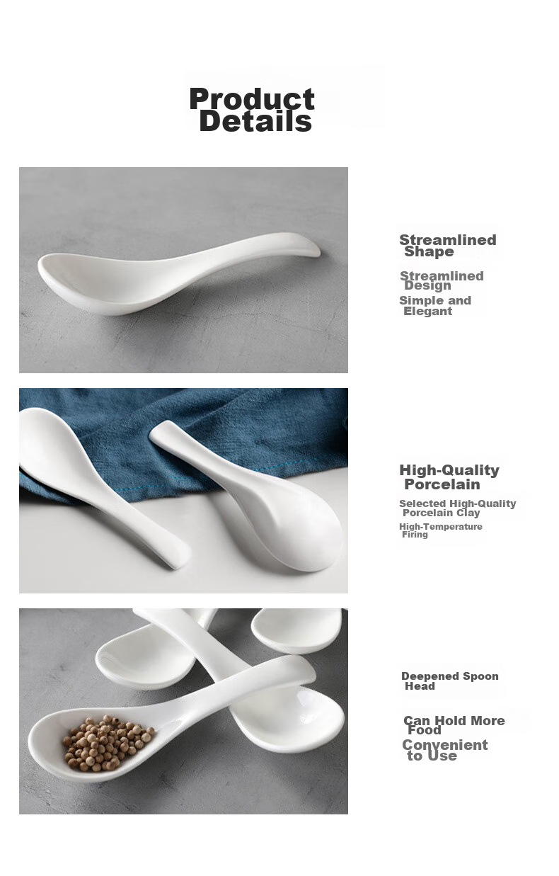 Shihua Ceramic Small Rice Spoon, Soup Spoon, And Small Spoon Set of 5 Pieces, Curved Handle Tablespoon for Home And Hotel Use, Pure White Dining Spoo 10