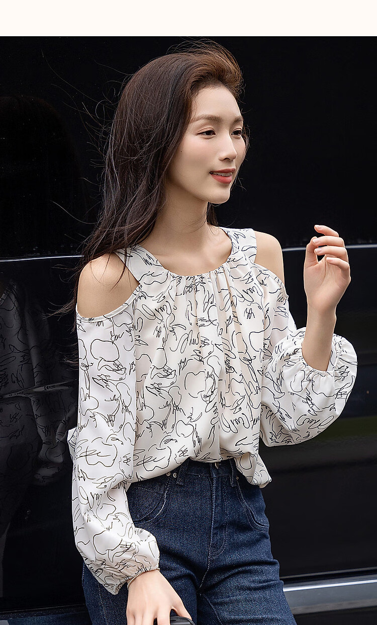 Dme [Qingyan Fanhua] Spring And Autumn Korean-Style Beautiful Women's Design-Inspired Off-Shoulder Shirt, Delicate And Comfortable, Slimming Blouse 15