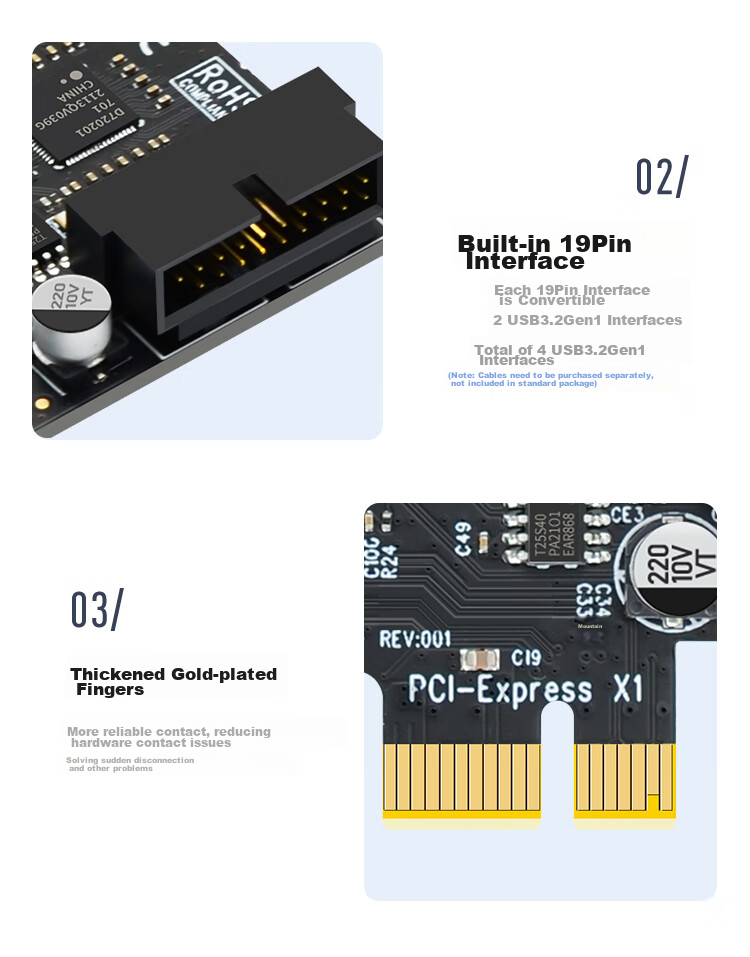 EB-LINK PCIe to 4-Port USB 3.0 Expansion Card with Realtek (NEC) Chip, Desktop Computer Rear 2 Ports + Front 19-PIN Interface USB Adapter Card, Independent Power-Free 8