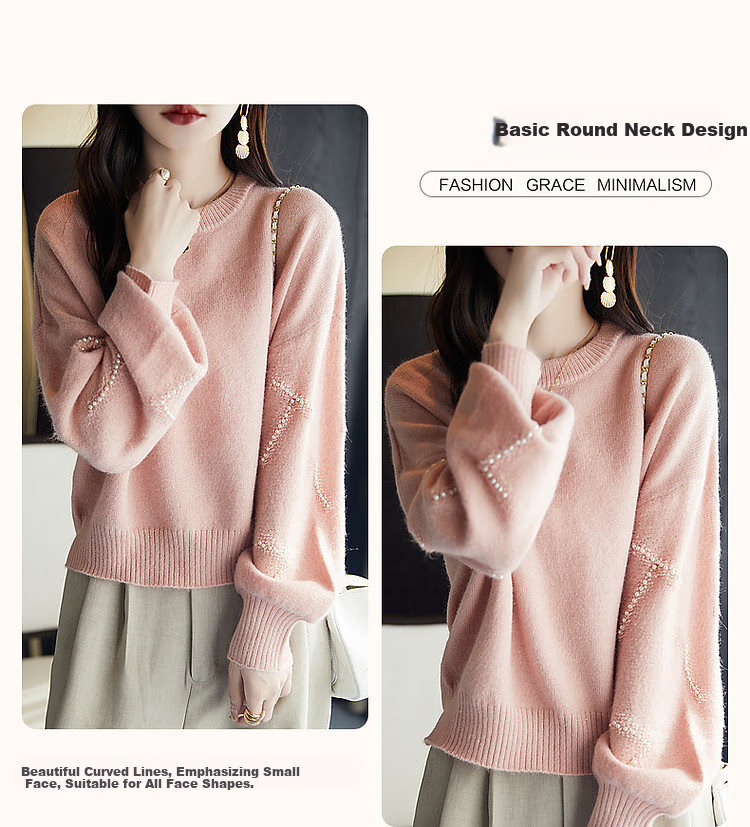 Dme Elegant Winter Round Neck Long Sleeve Sweater for Women with Beaded Jacquard Design, Fashionable Knit Top, Light Pink, Size S 5