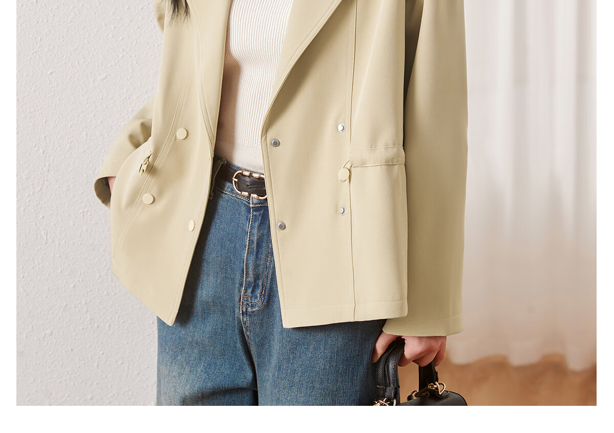 Chushen Spring And Autumn Women's Short Jacket, Fashionable And Elegant Design with Lapel Collar, Waist-Cinching Drawstring, Short Trench Coat S61D164 21