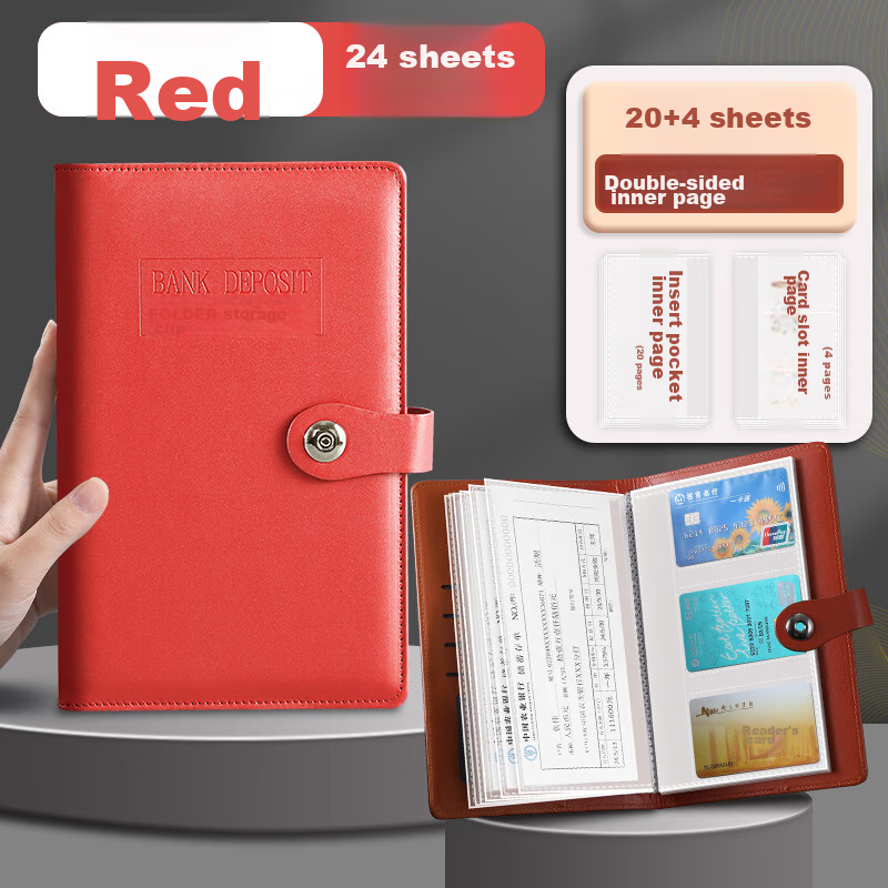 Jiaranheng Multi-Functional Savings Deposit Book, Waterproof Large Capacity Collection Folder for Bank Large Denomination Paper Deposits And Cards, A6 Red Loose-Leaf Bill Holder