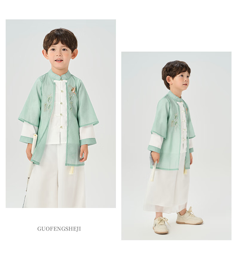 Luomeng Children's Hanfu Boys' New Chinese-Style Tang Suit Traditional Costume Set Performance Outfit Green 140 9
