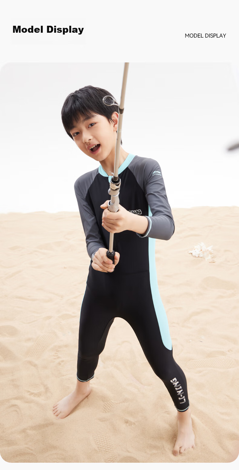 Li-Ning Children's One-Piece Long-Sleeve Swimsuit, Hot Spring Warmth Protection, Sun Protection, Boys' Surfing Suit, Training Swimwear, 8793 Black-Green, Size 150 11