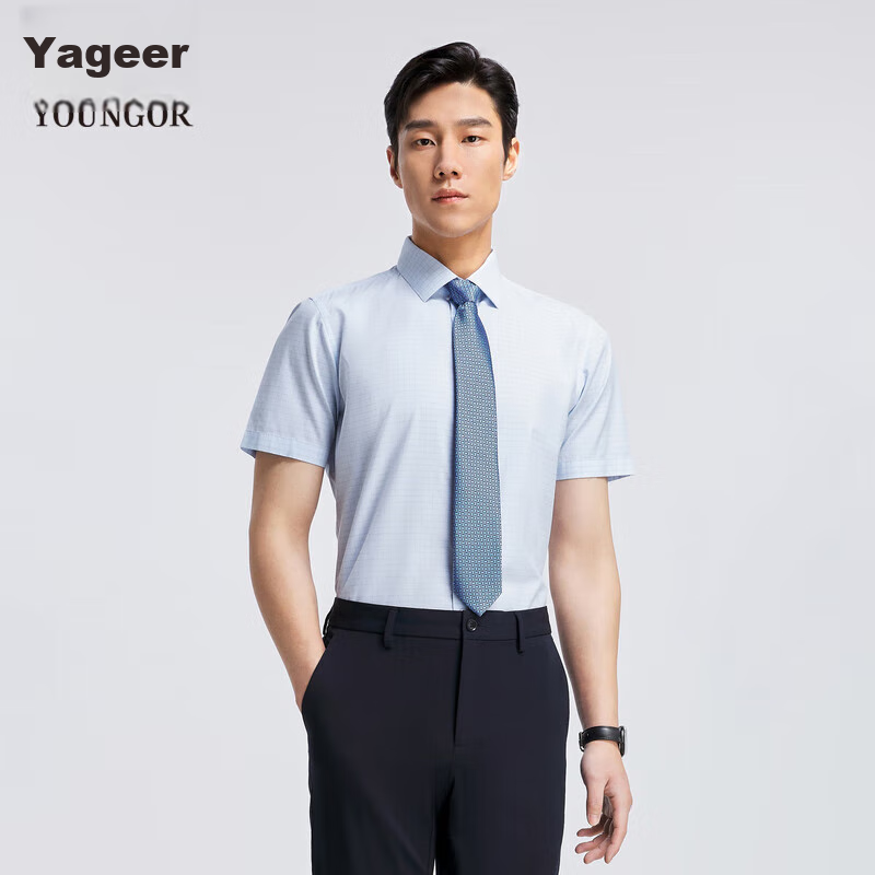 YOUNGOR Men's Shirt, Summer Business Casual Plaid Short-Sleeve Shirt for Young Men, Light Blue Plaid, Size 38