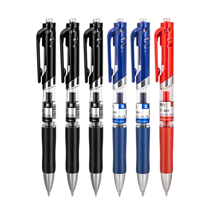 Deli S01 Classic Retractable Gel Pen, 0.5mm Bullet Tip, Mixed Colors, 10 Pcs, 7 Black, 2 Blue, 1 Red/box, 33836 Gaokao Exam
