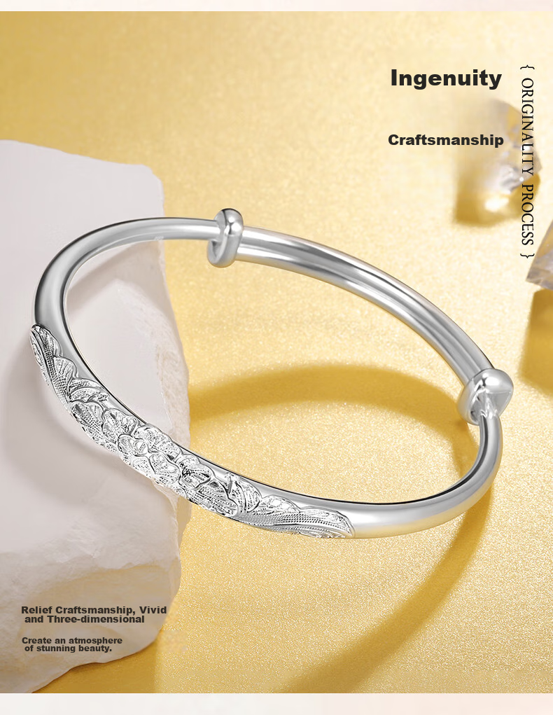 Sino Gem Sino Gem Mid-Autumn Festival Gift Peony Flower Silver Bracelet for Women, 999 Fine Silver Bangle, Gift for Girlfriend, Approximately 30g 11