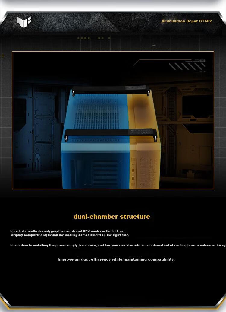 ASUS TUF GAMING GT502 Ammunition Storage Case, Dual-Chamber Design, Tool-Free Disassembly, Black Seaside View, Innovative Cooling, GPU Bracket 4