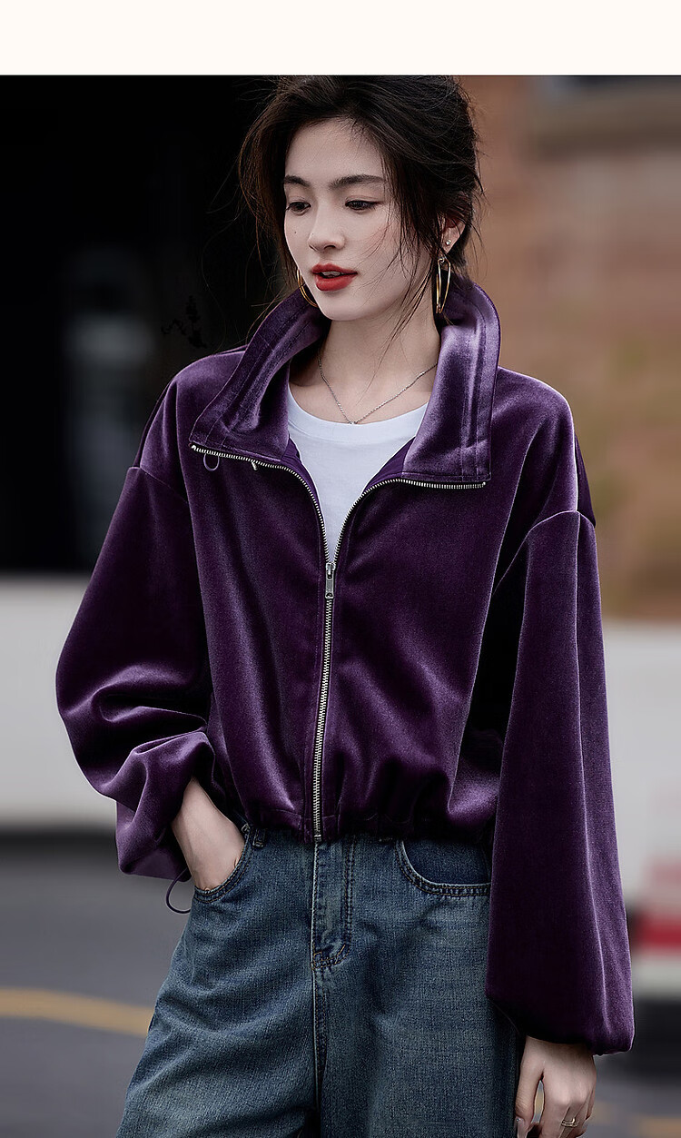 Demana Modern Luxury Spring Autumn Glossy Elegant Velvet Stand Collar Lantern Sleeve Adjustable Drawstring Hem Jacket for Women 13