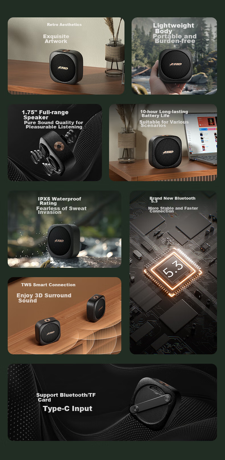 F&D RW10 Retro Outdoor Portable Bluetooth Speaker, IPX5 Waterproof, TWS Connectivity, Long Battery Life, for Camping, Hiking, Cycling, Small Speaker with Subwoofer 2