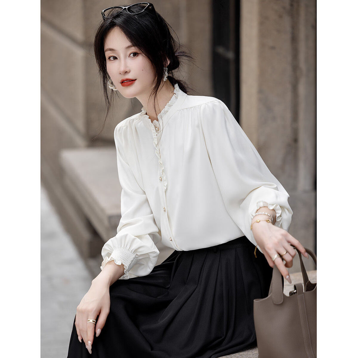 Dme [Ruched Shiny Blouse] Spring And Autumn French-Style Elegant Women's Ruffle Collar Pleated Blouse Women's Top