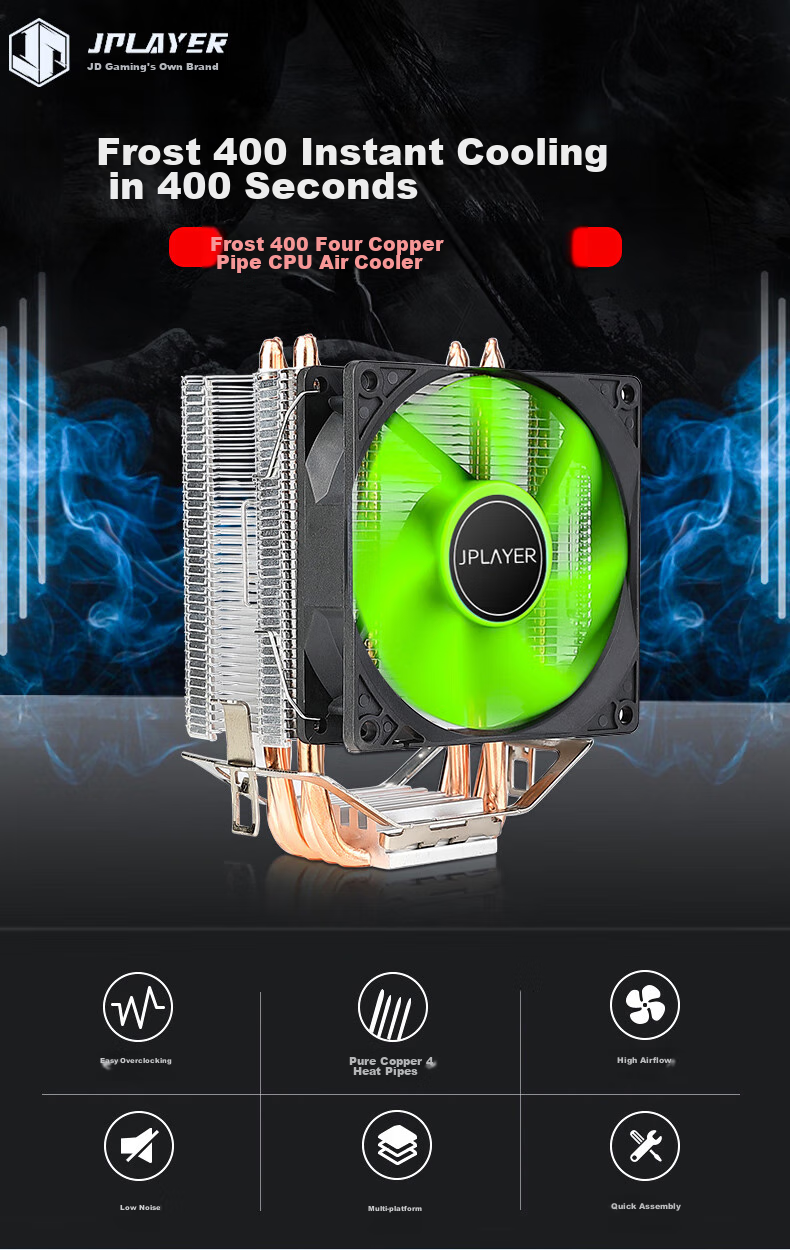 JPLAYER 4 Copper Tube 9cm Non-Glazed Fan CPU Air Cooler, Noise-Reducing Fan (AMD/Intel Multi-Platform/silicon Gel Included) 1