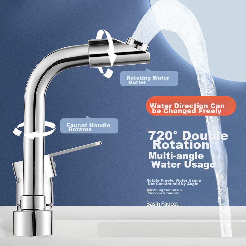 BSITN Double-Hole Basin Faucet, Washbasin Cold And Hot Thickened Brass 720° Rotating Bathroom Faucet B8057