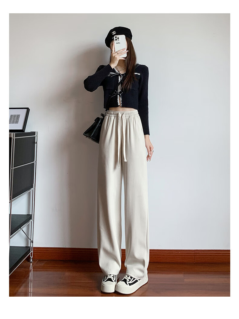 LangSha White Chenille Slim Wide-Leg Pants for Women, Spring And Autumn Thin Style, High-Waisted Draping Straight-Leg Corduroy Casual Sports Trousers 13
