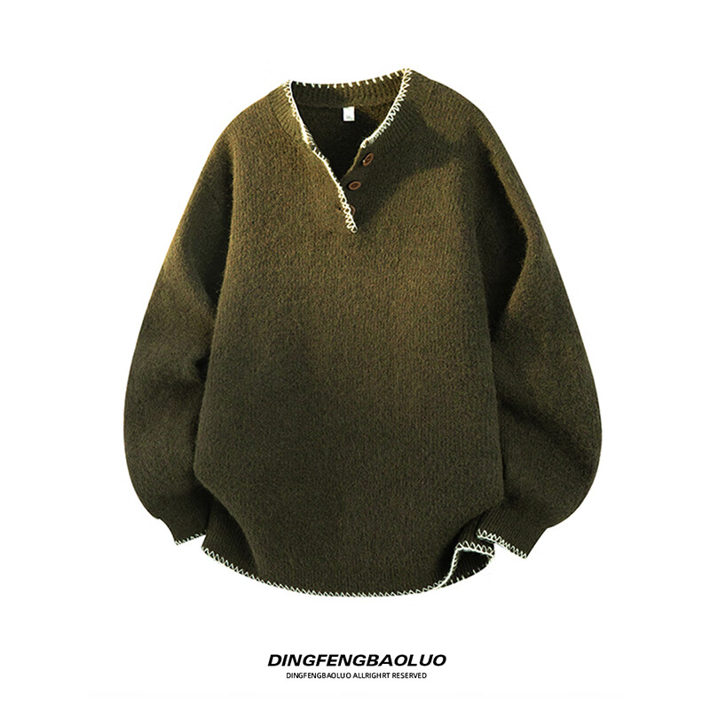 Dingfengbaoluo American Style Trendy Knit Sweater Men Autumn Simple Solid Color Henley Neck Loose Casual Sweater XCS57 Dark Army Green 2XL