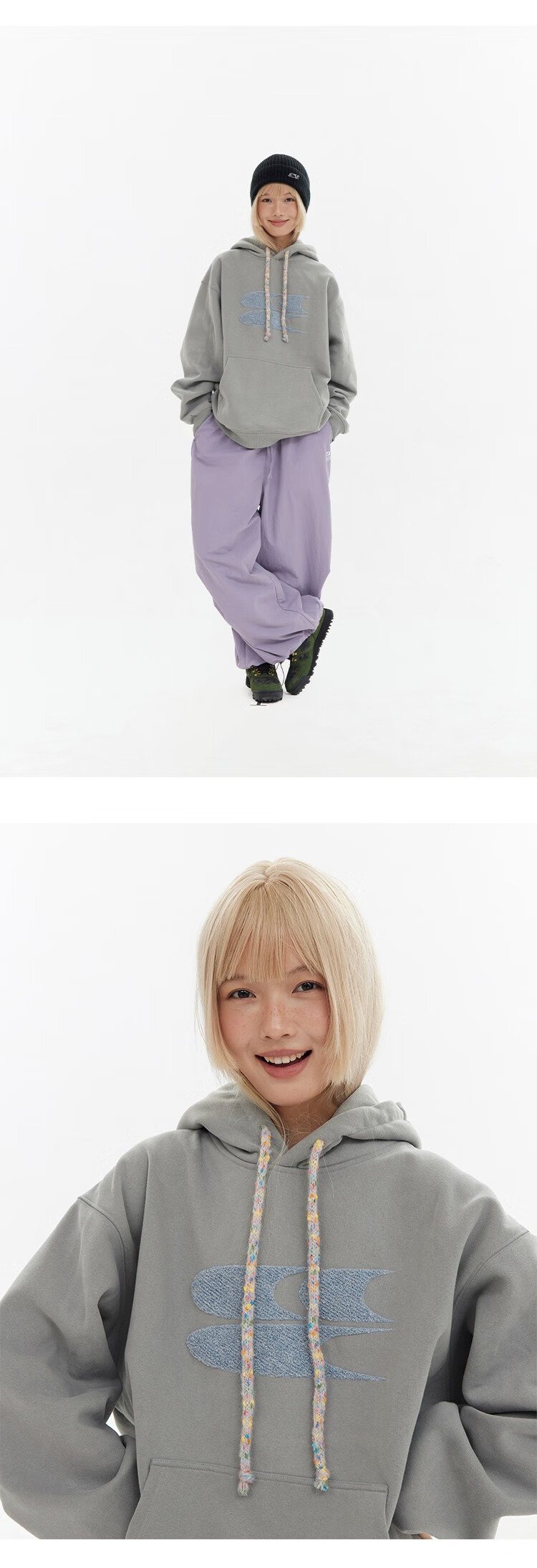 Crying Center Autumn Winter Hooded Logo Polka Dot Drawstring Fleece Thickened Sweatshirt Khaki Gray XS 6