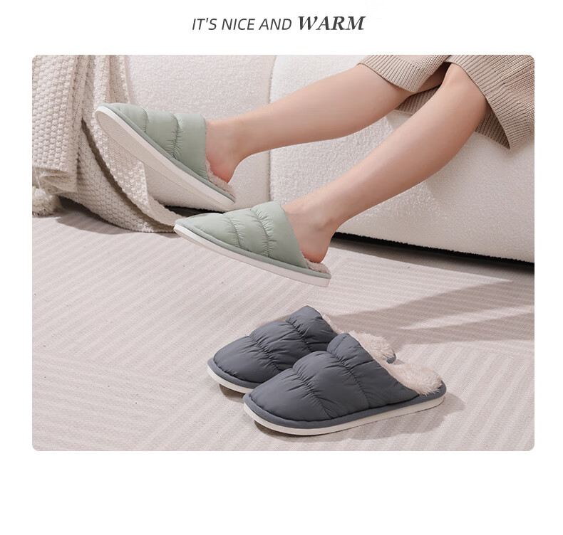 FOOTOPPO Women's Waterproof Down Cotton Slippers, Men's Simple Non-Slip Thick-Soled Warm Fleece Home Slippers for Winter 13