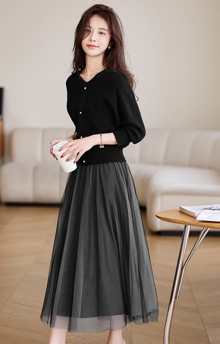 DME Ballet Style Set Spring Autumn Round Neck High Elastic Knit Sweater Mesh Slip Dress Flowing Two-Piece Set Women Black L 9