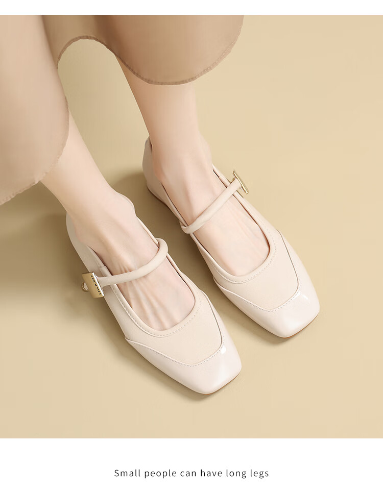 ZHR Mary Jane Shoes for Women, Elegant Shallow Mouth Chunky Heel Pumps, Square Toe Women's Shoes, K283, Beige, Size 36 10