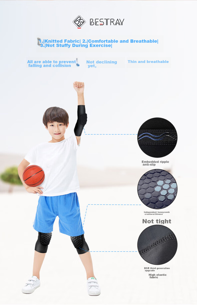Bestray Children's Basketball Knee And Elbow Pads, Professional Long Running Protective Gear Set for Kids And Teenagers with Honeycomb Desig 5