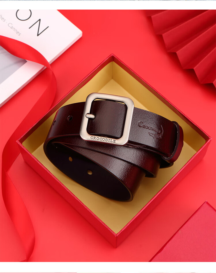 CROCODILE Women's Versatile Leather Belt, Trendy Waistband, Fashionable Vintage Pin Buckle Belt, 34MME2887, Brow 4
