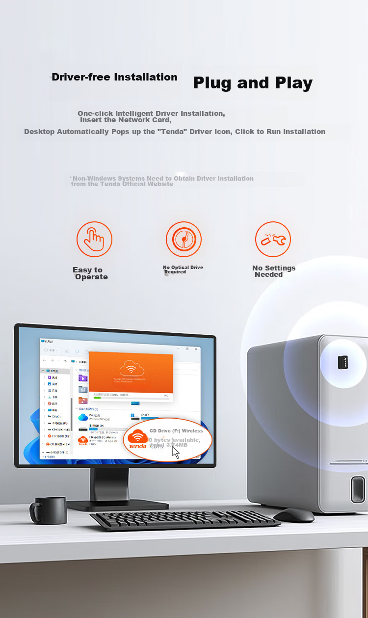 Tenda WiFi6 Driverless USB Wireless Network Adapter for Desktop Computers, WiFi Receiver for Desktop PC And Laptop Hosts, Network WiFi Transmitter with Built-In Antenna 4